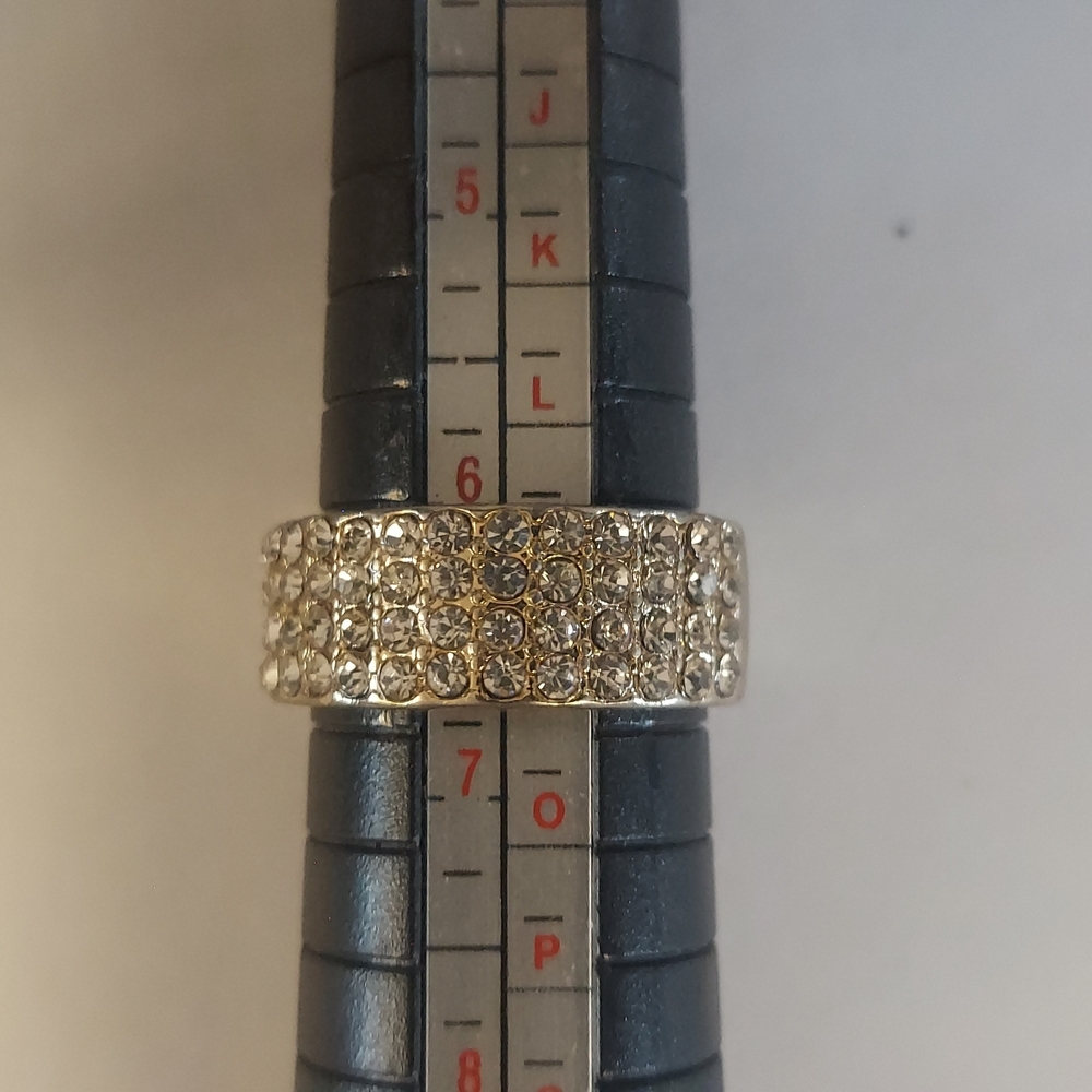 Silver Tone Wide Band Multi Row Pave Faux Diamonds